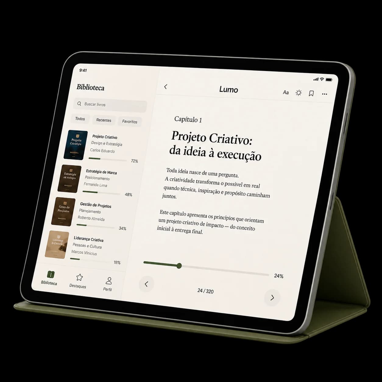 O Lumo, leitor do Folhear, aberto em um tablet: biblioteca de livros à esquerda e um capítulo em leitura à direita.