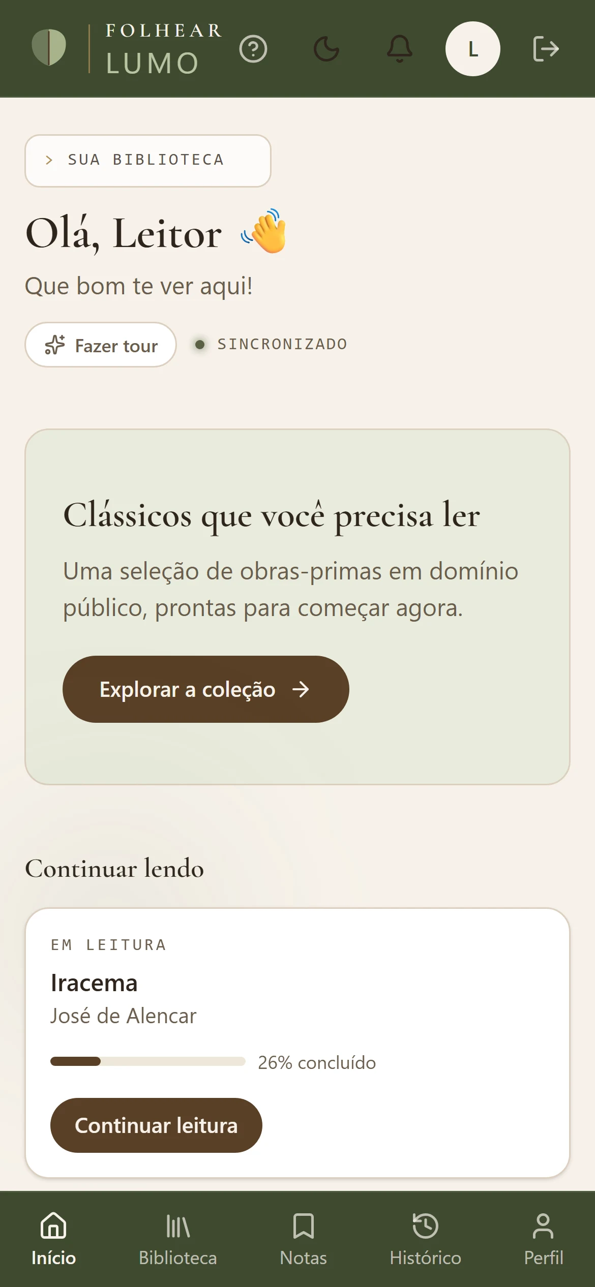 Lumo no celular: a biblioteca do leitor, com o livro em andamento e o progresso de leitura.