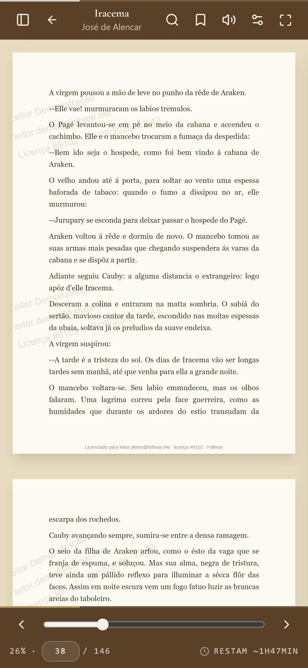 Lumo no celular, tema sépia: a leitura em si, com a marca d'água do leitor impressa na página.