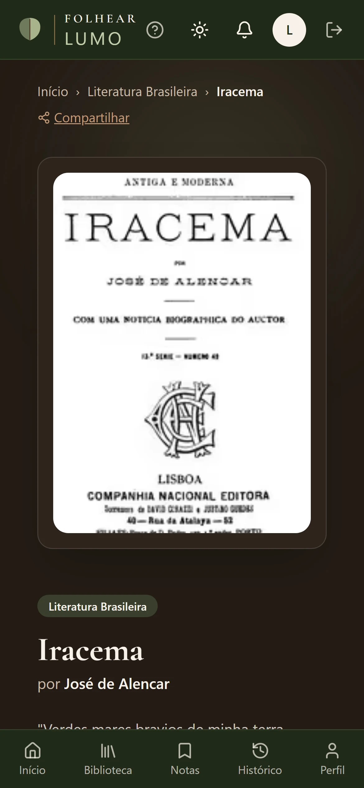 Lumo no celular, tema escuro: a página do livro com capa, sinopse e o botão de ler.
